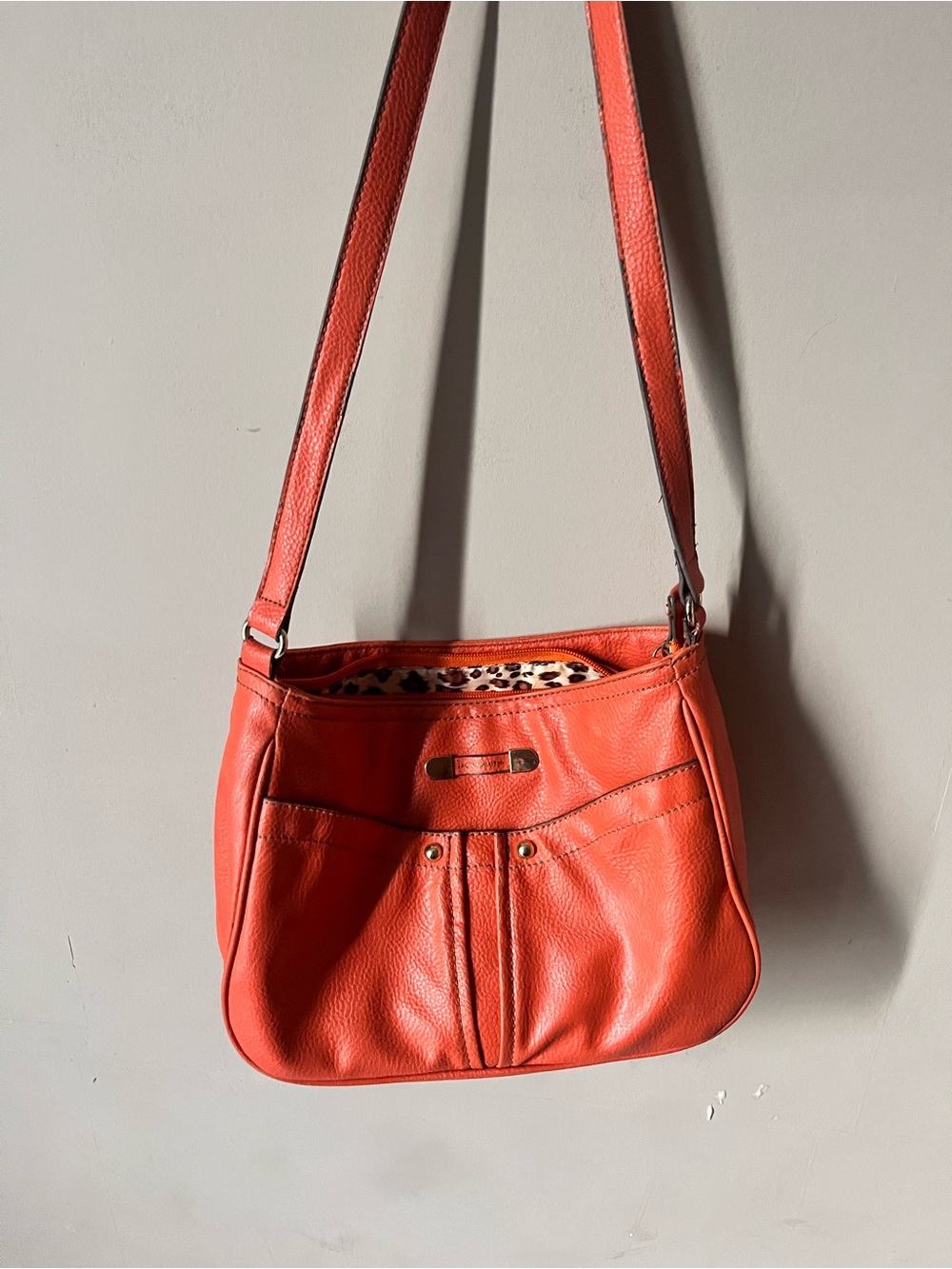 Jaclyn Smith Coral-Orange Leather Shoulder Bag with Leopard Lining